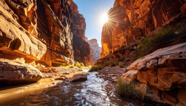 Sunlight Illuminates Grand Canyon River Amidst Towering Rock Walls