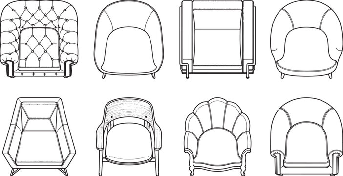 Set of eight armchair top view line art icons for interior design and furniture layout planning projects
