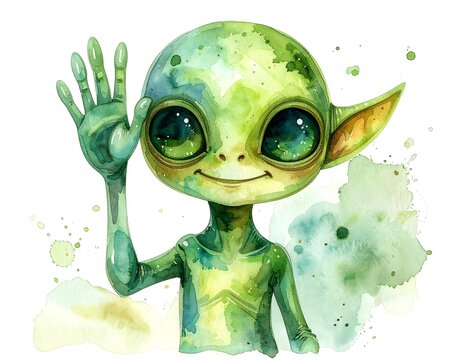 Cute cartoon alien character waving hello in watercolor style with pastel green tones