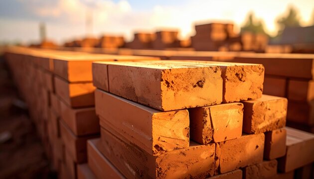 Rows of Fired Clay Bricks Neatly Stacked for Construction Purposes