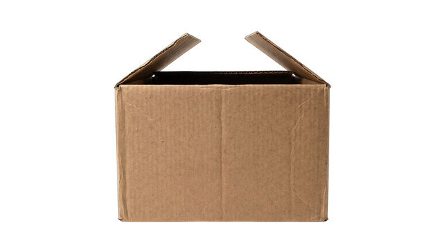 Open cardboard box side view flaps up packaging element isolated on transparent background