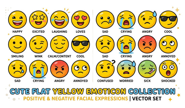 Illustrate a large collection of 36 flat yellow emoji characters isolated on a solid white background. Display a diverse range of facial expressions including smiling, laughing, giggling, blushing, he