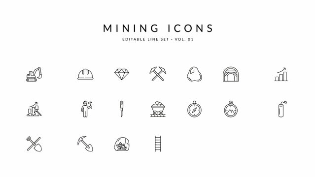 Set of editable mining and excavation line icons for projects and presentations . Vector Flat Illustration.