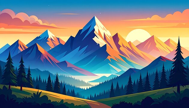 Vibrant mountain landscape with pine trees.