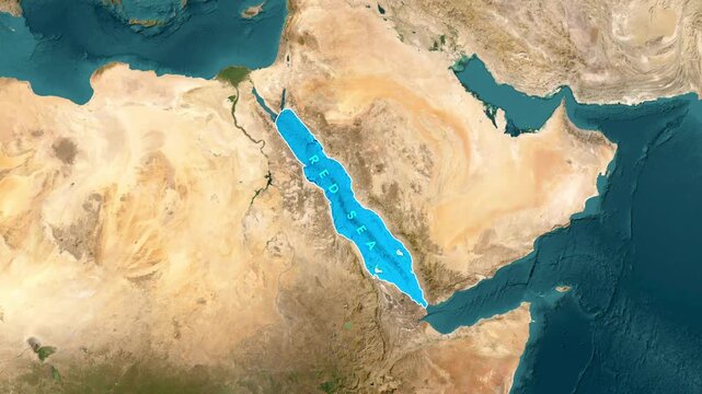 Red sea highlighted on the Earth satellite map, with the surrounding continents in motion