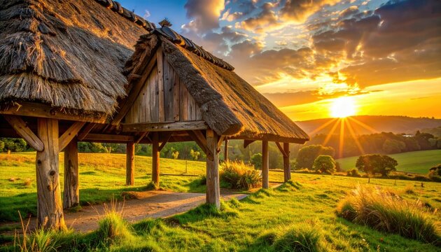 Rustic Timber Beams and Thatched Roof of a Historic Building at Golden Hour Sunset