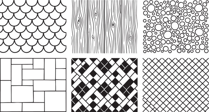 Set of six seamless geometric patterns featuring hand drawn textures for graphic design and surface decoration projects