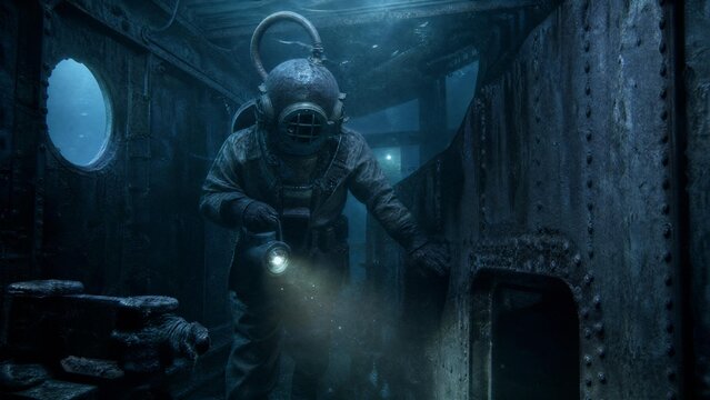 Vintage Deep Sea Diver Exploring Dark Sunken Shipwreck with Flashlight