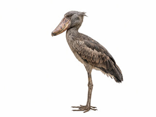 Obraz premium Shoebill isolated on white background, ideal for wildlife education, zoology, scientific illustration, textbooks, and nature publications.