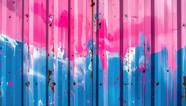 Vibrant Pink and Blue Spray Paint Splatters on Corrugated Metal Surface