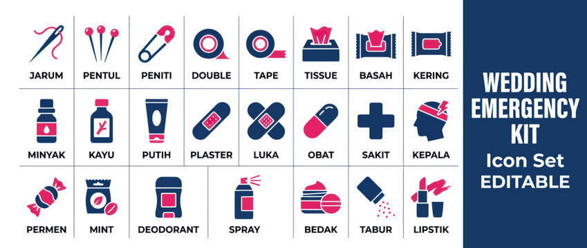 Wedding emergency kit icons for bridal prep and event management