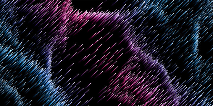 Abstract vector background featuring scattered diagonal lines in vibrant blue, pink, and purple neon colors on a dark black backdrop, ideal for technology, music, gaming, and digital design templates.