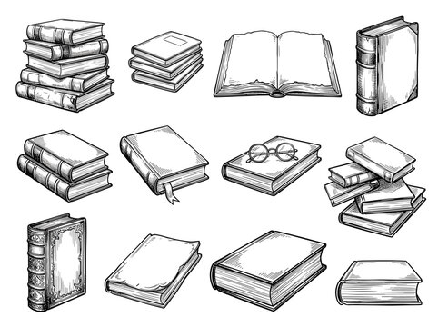 hand drawn black ink sketch of book stack, isolated volume on white background, vintage library concept