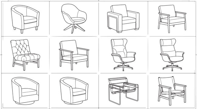 Set of various armchair designs in line art style for interior design planning and furniture catalog illustration