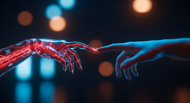 A human hand and a robotic hand reaching out to touch fingertips, symbolizing the connection between humanity and artificial intelligence.