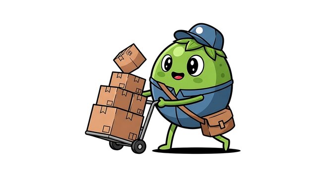 Cartoon green alien unloading moving boxes.
