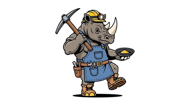 Cartoon miner character with pickaxe and helmet.
