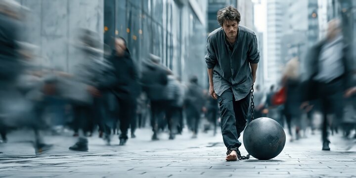 Person dragging iron ball and chain through busy urban street surrounded by indifferent crowd, depression and mental health awareness concept, copy space