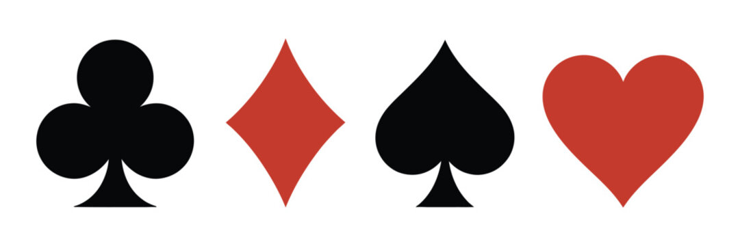 Poker playing card suit icons vector collection, heart spade diamond and club clover symbols for casino games, gambling, and entertainment design.