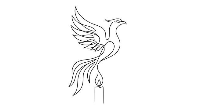 Phoenix rising from candle flame, continuous line art, rebirth and hope symbol