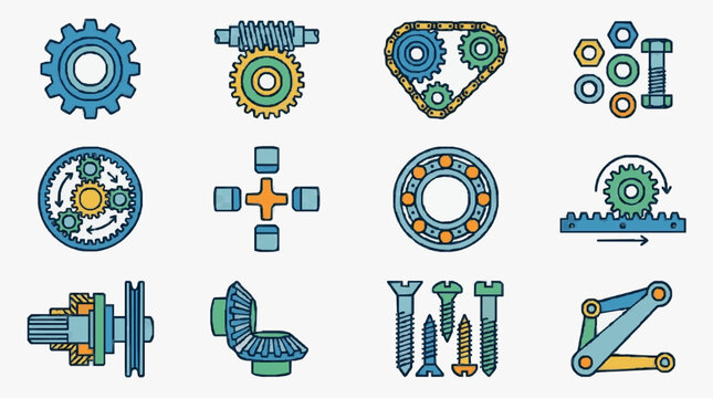 Collection of mechanical engineering components and parts.