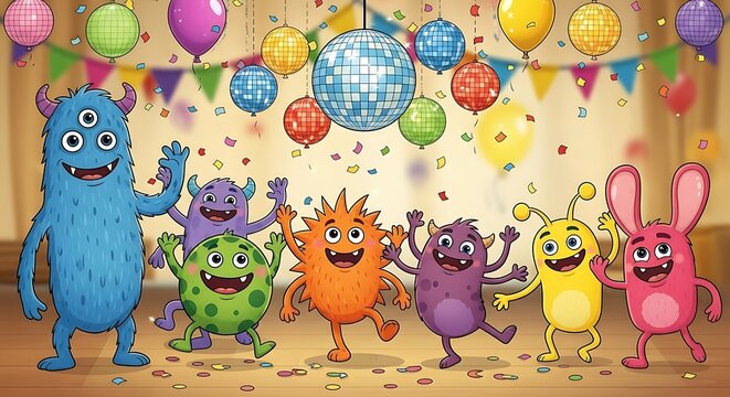 Colorful Monster Party with Balloons and Decorations.