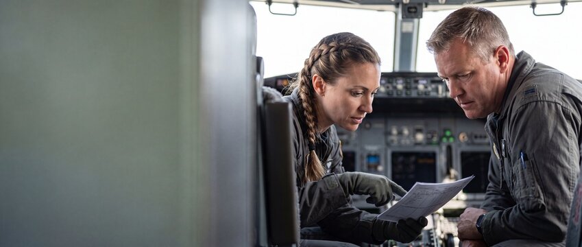 Military pilots reviewing flight checklist in cockpit. Professional male and female air force aviators analyzing flight plan document details. Strategic defense aviation mission training banner concep