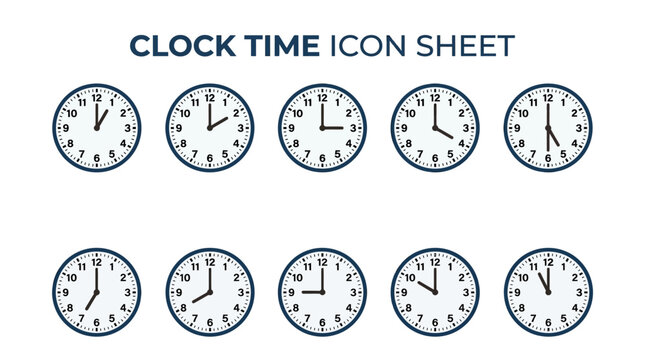Clock time icon sheet with ten round analog watches, flat vector set of wall clocks showing different hours, blue and white time management symbols