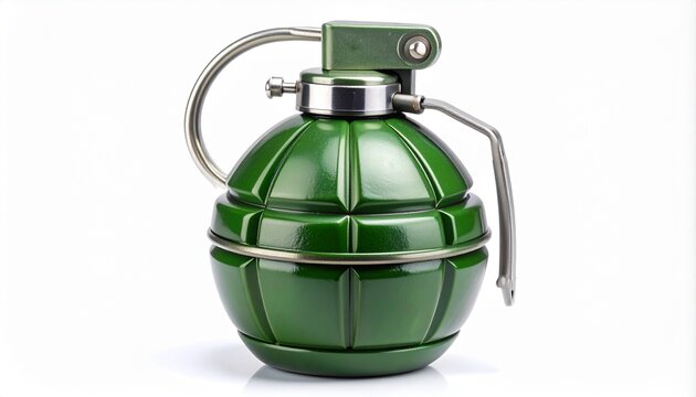 Green hand grenade with metallic pin and lever, symbolizing military design and craftsmanship.