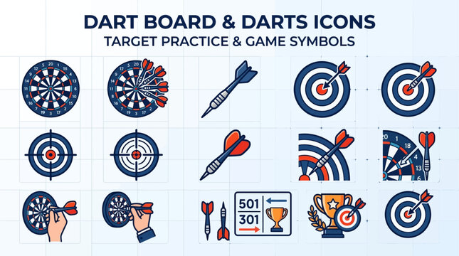Dart board and darts icons set, target practice and game symbols, flat line vector illustration for sports competition and business goals