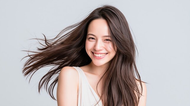 Beautiful Asian model displays her healthy and luxurious long dark hair during a premium beauty salon advertising campaign.