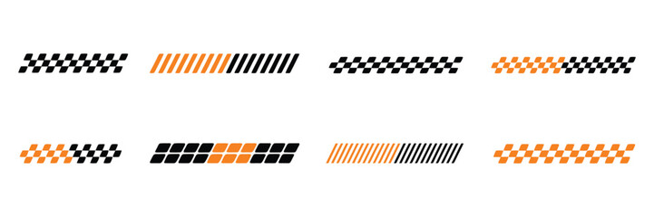 Checkered flag and racing stripe icon collection, motorsport speed symbols for automotive design, racing competition, and finish line graphics. © Mizu Ahmed 00