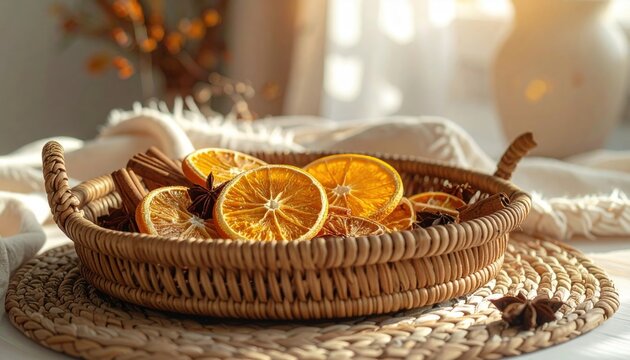 Woven wicker basket brimming with bright dried orange slices and spices, evoking cozy seasonal comfort and natural aroma.