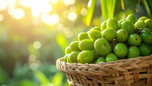 Woven basket filled with vibrant green dates, glistening in warm sunlight amidst lush foliage