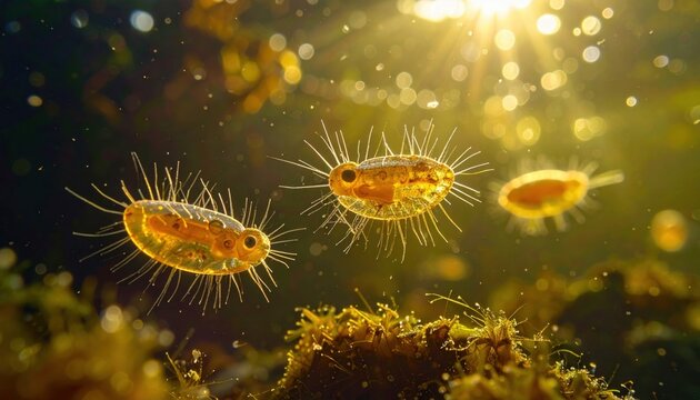 Microscopic Paramecium caudatum swimming in sunlit aquatic environment, revealing intricate cellular structures