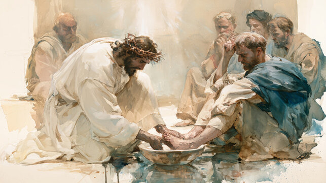 Jesus is washing the feet of his disciples during a meal. The setting is simple and focuses on the act of service and humility shared among them