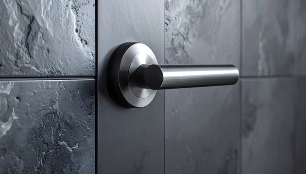 Modern brushed aluminum door handle detail on textured surface