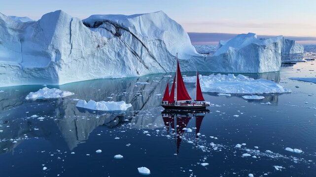 A sailboat with red sails among colossal icebergs