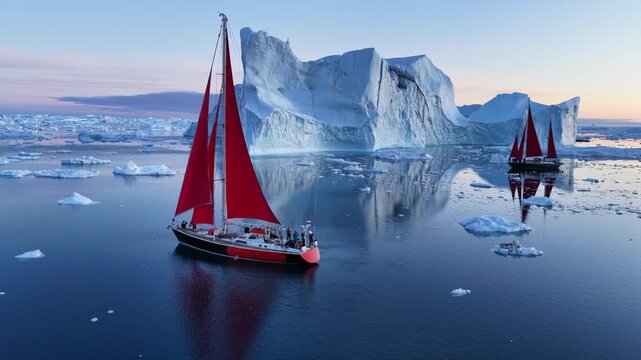 Red sailboats navigate past a majestic iceberg in arctic waters