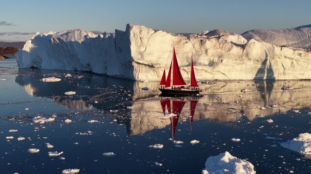 Sailboat with red sails cruises past giant arctic icebergs