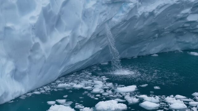 Meltwater waterfall cascades from a massive glacier