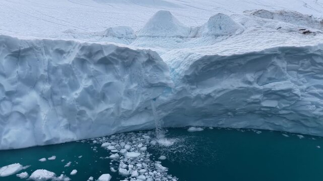 Glacial meltwater waterfall into icy blue water