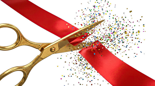 Golden scissors cutting a red ribbon with confetti explosion grand opening celebration isolated on transparent background