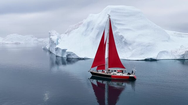 Yacht with red sails explores icy arctic waters