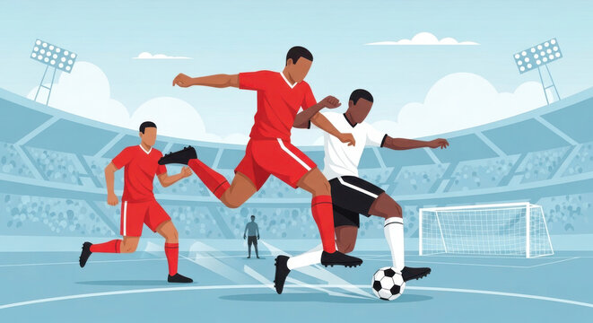 A dynamic vector illustration captures two soccer players in a fierce struggle for ball possession inside a professional stadium, with a third teammate sprinting forward to provide key field support.