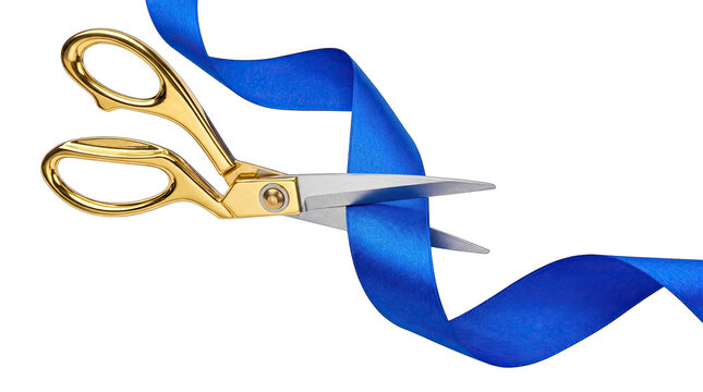 Golden scissors cutting a blue ribbon grand opening ceremony isolated on transparent background