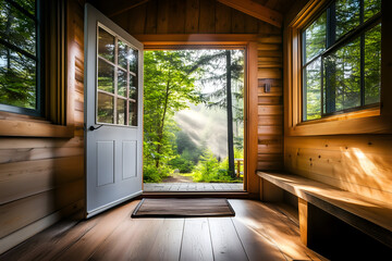 Fototapeta premium Open door of a rustic wooden cabin revealing a lush green forest with morning sun rays 