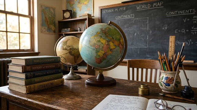 Classic wooden desk in vintage classroom with globes and stack of old books in front of blackboard
