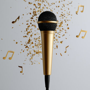 Gold microphone black mesh music note floating gold particle isolated singing performance creative celebration