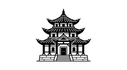 Fototapeta premium Traditional Asian Pagoda Building Icon, Black and White Silhouette